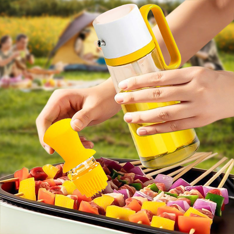 2 In 1 Oil Dispenser with Silicone Brush – 550ML Glass BBQ Oil Spray Bottle with Press Control for Cooking, Barbecue & Seasoning