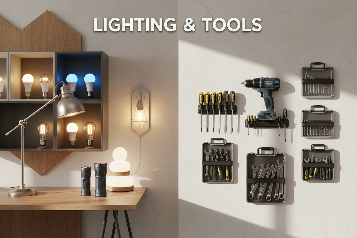 A high-quality professional eCommerce category banner for “Lighting & Tools”, featuring modern LED lights, smart bulbs, desk lamps, wall lights, flashlights, and essential tools like screwdrivers, drills, wrenches, and tool kits. Clean and minimal background with a premium home-workshop feel. Bright realistic lighting, sharp focus, ultra-detailed textures, cinematic shadows, and balanced composition. Modern lifestyle setup, organized tools, glowing lights creating a warm yet powerful atmosphere. 4K resoluti