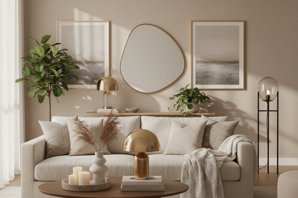 A premium eCommerce category banner for “Home Decor”, featuring elegant and modern home decor items such as vases, cushions, decorative lamps, wall art, mirrors, indoor plants, and candles. Cozy living room or stylish interior setup with warm, neutral tones. Soft natural lighting, ultra-detailed textures, realistic shadows, cinematic composition, 4K resolution, commercial photography style, no text, no watermark. Clean, organized, and visually appealing layout emphasizing comfort, elegance, and a welcoming 