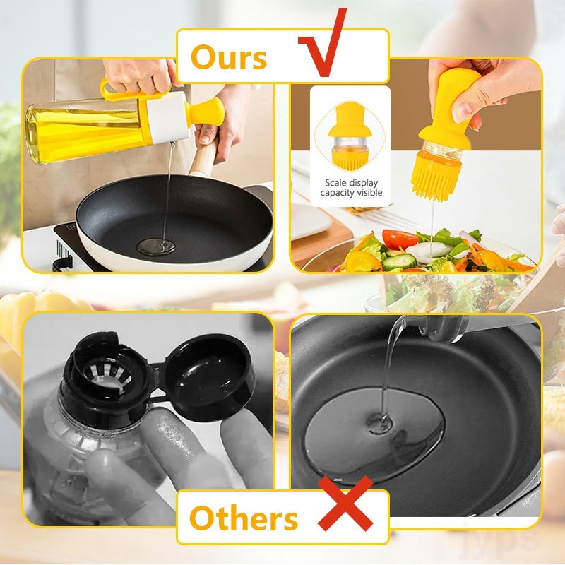 2 In 1 Oil Dispenser with Silicone Brush – 550ML Glass BBQ Oil Spray Bottle with Press Control for Cooking, Barbecue & Seasoning