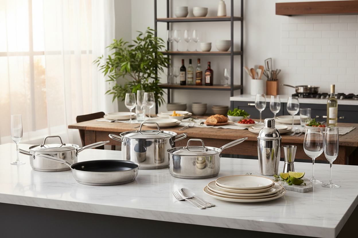 The Kitchen, Dining & Bar category features essential products for cooking, serving, and entertaining. It includes cookware, tableware, and bar accessories designed to make meal preparation and dining more convenient and enjoyable.
